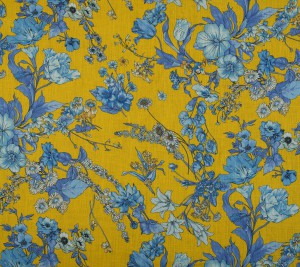 Len kostiumowy Ungaro - błękitne kwiaty na żółtym tle