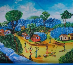 Bawełna sygnowana drukowana – panel afrykańska wioska 140 x 140 cm