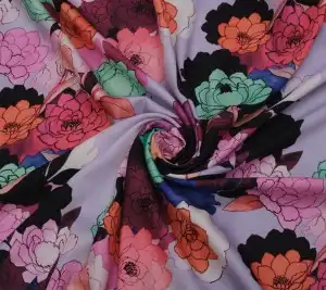 Wełna sukienkowa satyna – japońskie kwiaty na fiolecie