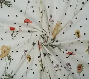 Popelina bawełniana z elastanem - kwiaty i groszki