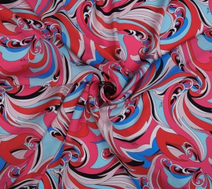 Jedwabna satyna Pucci matowa - czerwona-niebieska abstrakcja 