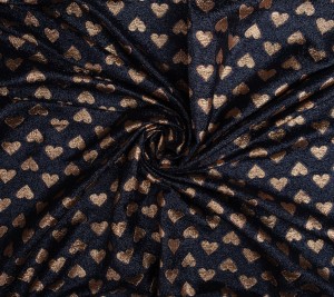 Cienki jedwab z lureksem - złote serca na granatowym tle