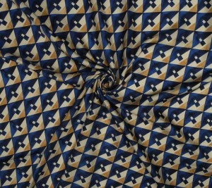 Jedwab twill 100% – granatowo-beżowy wzór geometryczny z zielonym borderem