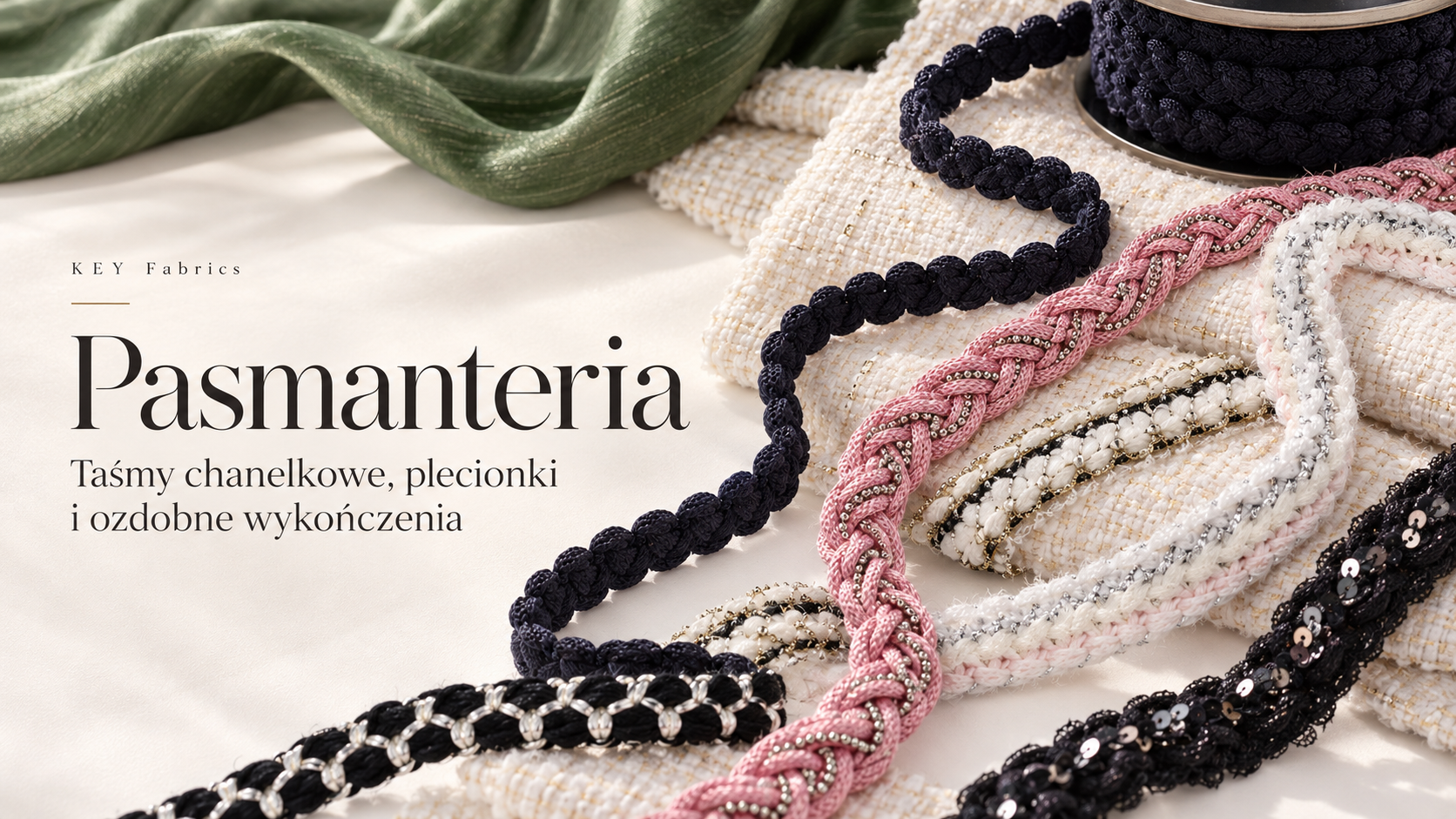 Pasmanteria ozdobna KEY Fabrics – taśmy chanelkowe, plecionki, taśmy z cekinami